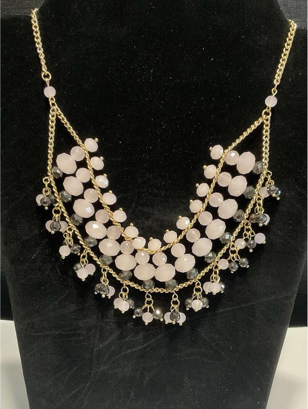 NWT LISA E  Gold Tone Chain Pink / Black bead Necklace # 1079